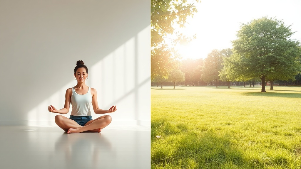 명상하는 모습과 달리는 모습이 대조되어 균형 잡힌 라이프스타일을 상징하는 이미지