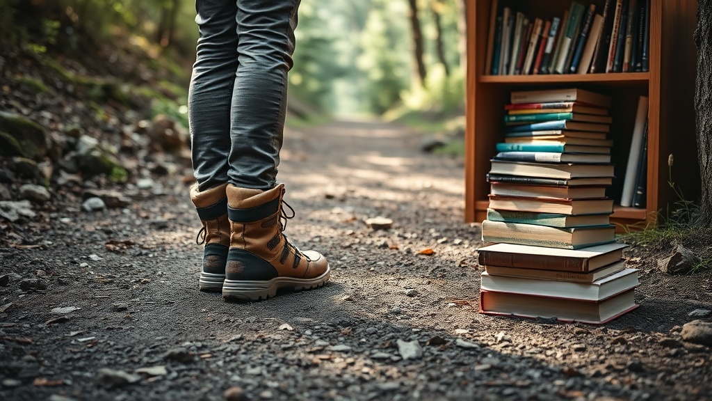 등산화와 책 사이에서 고민하며 자신의 라이프스타일에 맞는 취미를 선택하려는 사람의 모습