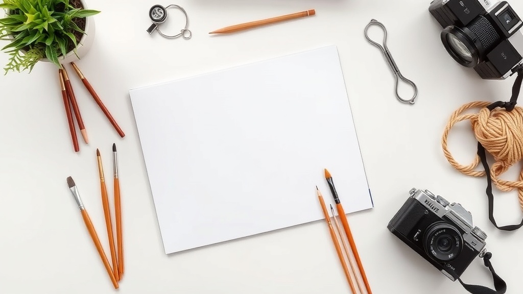 다양한 취미 도구들이 놓인 책상에서 나에게 맞는 여가 활동을 고민하는 모습