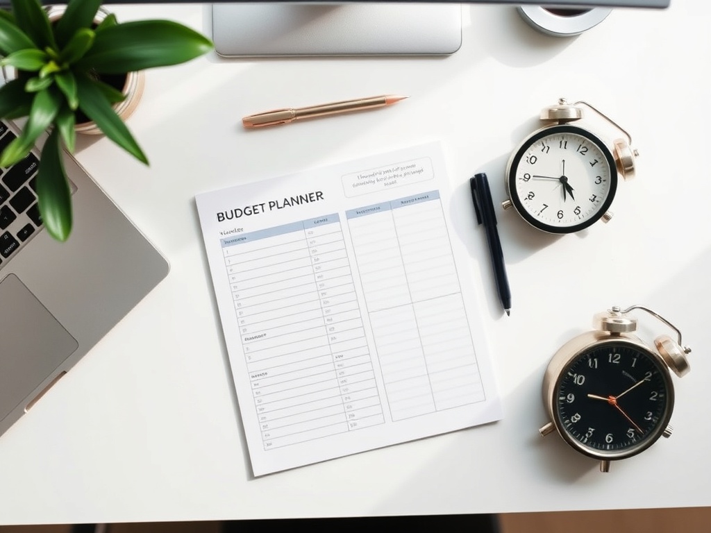 예산 계획서와 시계가 놓인 책상 위에서 취미 활동의 비용을 계산하는 모습