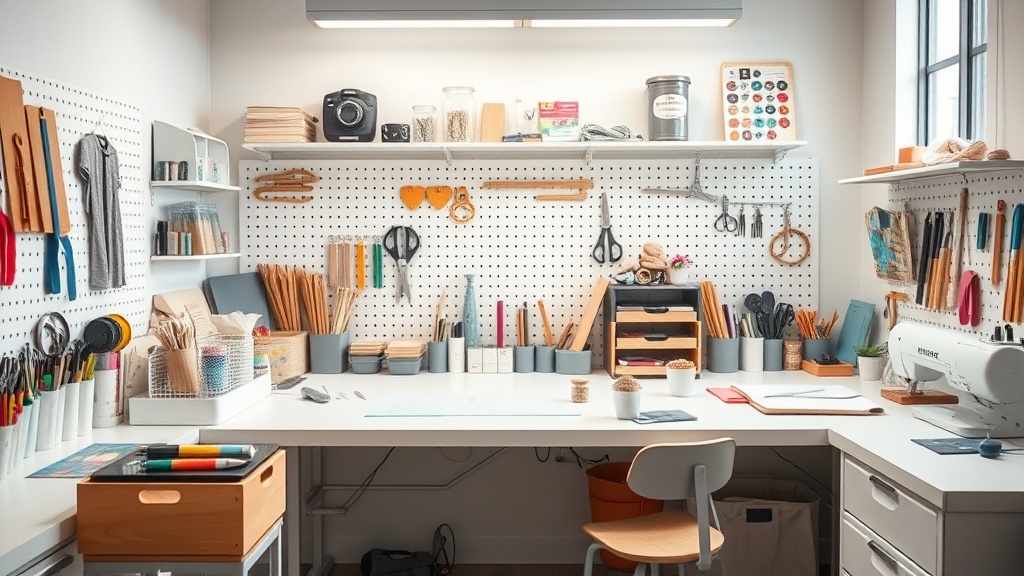 정리 정돈된 취미 도구들과 효율적으로 배치된 작업 공간의 모습