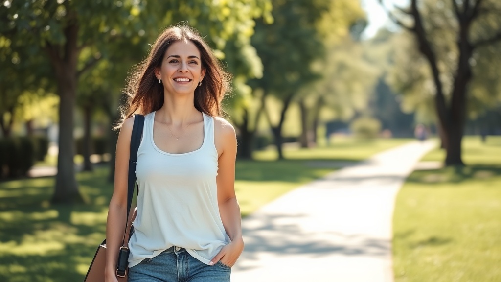 가벼운 옷차림으로 공원을 산책하며 결과에 얽매이지 않고 휴식을 취하는 모습